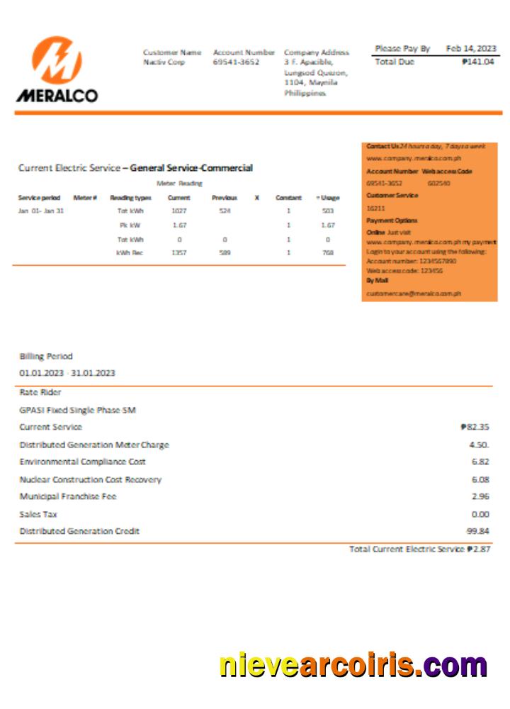 Manila Electric Company (Meralco) electricity utility business bill